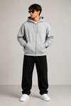 Erkek 3 İplik Şardonlu Tam Fermuarlı Kapüşonlu Arka Çanta Detaylı Sweatshirt - Gri