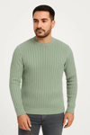 Erkek Bisiklet Yuvarlak Yaka Triko Kazak Pamuklu Kalın Fitilli Dokuma, Regular Fit Uzun Kollu Kışlık Model - Mint Yeşili