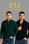 Erkek Fitilli Triko Kazak 2’li Set – Siyah - Haki Kalın Dokuma Pamuklu Regular Fit V Yaka Fermuarlı Uzun Kollu Rahat Kışlık Kazak Kombini