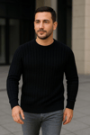 Erkek Fitilli Triko Kazak 3lü Set Bej Gri Siyah Regular Fit Bisiklet Yaka Triko Seti Kazak Modeli