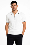 Erkek Fitilli Triko T-shirt Polo Yaka Yarım Fermuarlı Kısa Kollu Tişört - Beyaz