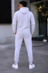 Erkek İki İplik Kapüşonlu Kanguru Cepli Sweatshirt Jogger Pantolon Alt Üst Eşofman Takımı -Beyaz