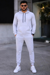 Erkek İki İplik Kapüşonlu Kanguru Cepli Sweatshirt Jogger Pantolon Alt Üst Eşofman Takımı -Beyaz