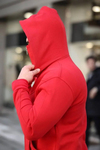Erkek Maskeli Ninja Model Çift Kapüşonlu 3 İplik Şardonlu Fermuarlı Sweatshirt - Kırmızı