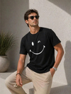 Erkek Minimal Gülümseyen Yüz Baskılı Tişört Kısa Kol Yazlık T-Shirt - Siyah