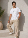 Erkek Minimal Gülümseyen Yüz Baskılı Tişört Kısa Kol Yazlık T-Shirt - Beyaz