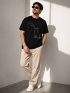 Erkek Minimal Kedi Çizim Baskılı Tişört Kısa Kol Yazlık T-Shirt - Siyah