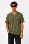 Erkek V Yaka Basic Tişört Kısa Kol Yazlık Regular Fit T-Shirt - Haki