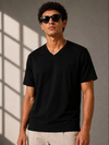 Erkek V Yaka Basic Tişört Kısa Kol Yazlık Regular Fit T-Shirt - Siyah