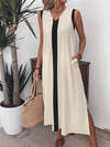 Kadın Askılı V Yakalı önden şerit Detaylı Yırtmaçlı Aerobin Uzun Elbise
