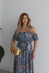 Kadın Kısa Kollu Madonna Yaka Fırfırlı Belden Yırtmaçlı Maksi Süprem Elbise
