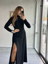 Kadın Uzun Kollu Balıkçı Yaka Derin Yırtmaç Detay Krep Elbise 120 Cm