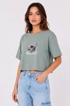 Kedi Baskılı Oversize Crop Tişört Salaş Basic Yarım Kol T-shirt - Mint Yeşili