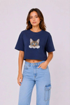 Kedi Baskılı Oversize Crop Tişört Salaş Basic Yarım Kol T-shirt - Lacivert