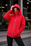Maskeli Ninja Model Çift Kapüşonlu 3 İplik Şardonlu Fermuarlı Oversize Sweatshirt - Kırmızı