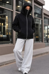 Maskeli Ninja Model Çift Kapüşonlu 3 İplik Şardonlu Fermuarlı Oversize Sweatshirt - Siyah