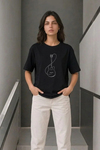 Minimal Gitar Baskılı Tişört T-Shirt Yazlık Kısa Kol Bisiklet Yaka T-Shirt - Siyah