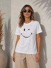 Minimal Gülümseyen Yüz Baskılı Tişört Kısa Kol Yazlık T-Shirt - Beyaz