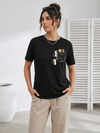 Sevimli Kedi Cep Baskılı Tişört Kısa Kol Yazlık T-Shirt - Siyah