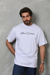 Unisex Bisiklet Yaka Baskılı Oversize T-Shirt - Beyaz