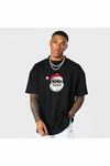 Yılbaşı Gözlüklü Noel Baba Baskılı Kısa Kollu Oversize Bisiklet Yaka T-shirt - Siyah
