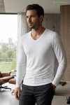 Bambu V Yaka Erkek Uzun Kol T-Shirt Beyaz