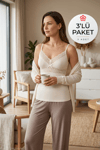 Likralı Ayarlanabilir Askılı Dantelli Kadın Atlet Ekru 3'lü Paket