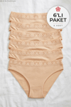 Likralı Beli Dantelli Kadın Bikini Külot Ten 6'lı Paket