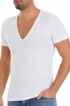 Likralı Derin V Yaka Erkek T-Shirt Beyaz