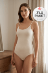 Likralı İp Askılı Kadın Çıtçıtlı Body Ekru 3'lü Paket