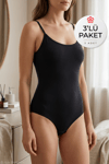 Likralı İp Askılı Kadın Çıtçıtlı Body Siyah 3'lü Paket