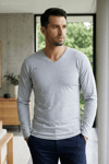 Likralı V Yaka Uzun Kol Erkek T-Shirt Gri