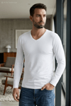 Likralı V Yaka Uzun Kol Erkek T-Shirt Beyaz