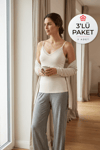 Modal V Yaka Dantelli Kadın Atlet Ekru 3'lü Paket