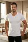 Modal V Yaka Erkek T-Shirt Beyaz