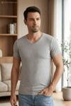 Modal V Yaka Erkek T-Shirt Gri Melanj