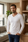 Modal V Yaka Uzun Kol Erkek T-Shirt Beyaz