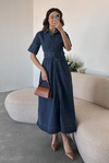Kısa Kollu Kuşaklı Denim Elbise - LACİVERT