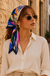  Leoparlı Tropik Yaprak Desen Saks-Fuşya Soft Bandana Fular 50x50 cm