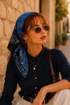 Çift Renk Desen Saks Mavisi Soft Bandana Fular 50x50 cm