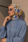 Deniz Desen Mavi-Turuncu Soft Fular Eşarp 90x90 cm