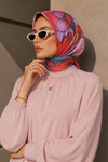 Dört Parça Çiçek Desen Mercan-Lila Soft Fular Eşarp 90x90 cm