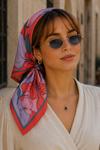 Dört Parça Çiçek Desen Mercan-Lila Soft Bandana Fular 50x50 cm