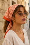 Etnik Okyanus Desen Turuncu-Krem Soft Bandana Fular 50x50 cm