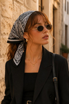 Etnik Şal Desen Siyah-Beyaz Soft Bandana Fular 50x50 cm