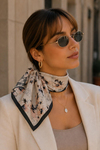 Eyfel Çiçek Desen Krem-Siyah Soft Bandana Fular 50x50 cm