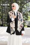 Eyfel Çiçek Desen Krem-Siyah Soft Fular Eşarp 90x90 cm