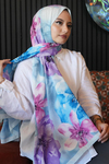 Manolya Çiçek Desen Mavi Soft Pamuk Şal