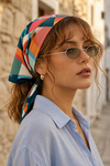 Modern Geometrik Desen Mercan-Yeşil Soft Bandana Fular 50x50 cm