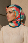 Modern Geometrik Desen Mercan-Yeşil Soft Fular Eşarp 90x90 cm